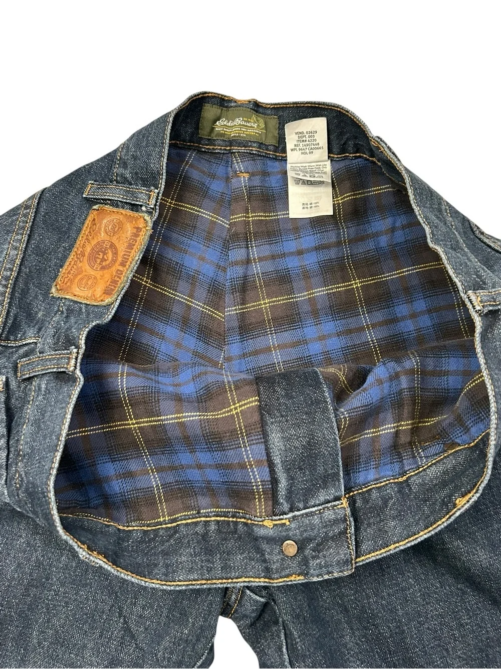 Eddie Bauer Premium Denim Relaxed Blue Plaid Flannel Lined Blue Jeans 38/30 Men